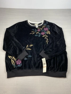 Alfred Dunner Sweater Womens 2X Black Floral Embroidery Long Sleeve - Image 1 of 4