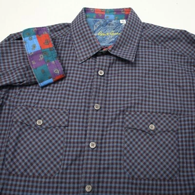 Robert Graham Shirt Men Extra Large Blue Gray Check Paisley Flip Cuff Pockets - Image 1 of 4