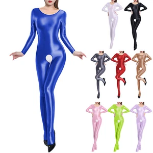 UK Womens Oil Shiny Glossy Bodystocking Hollow Out Long Sleeve Bodysuit Catsuit  - Picture 1 of 97