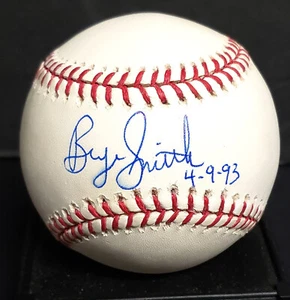 Bryn Smith signierter Baseball beschriftet 4-9-93 ROMLB Colorado Rockies 1. Sieg - Bild 1 von 3