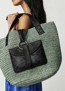 Free People En Riva Raffia + Leather Hand Crafted Tote Bag Moss Green NWT $168 - Picture 1 of 11