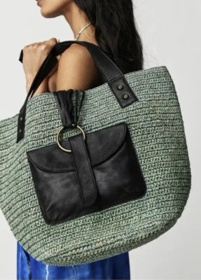 Free People En Riva Raffia + Leather Hand Crafted Tote Bag Moss Green NWT $168 - Image 1 of 4