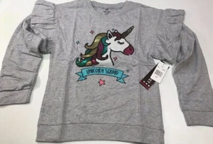 Pink Velvet Girl's Sequin "Unicorn Squad" Ruffle Sleeve Shirt, Gray, Large - Picture 1 of 4