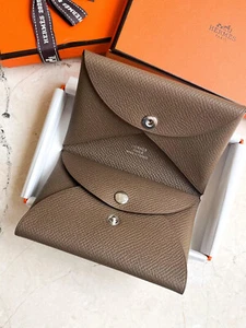 BNIB HERMES Calvi Duo Card Holder Wallet étoupe Compact Leather Taupe - Picture 1 of 4