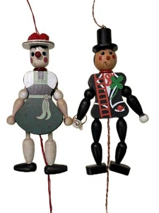 7” German Wood Pull String Toy Holiday Ornament Puppets 2 Dolls - Picture 1 of 6