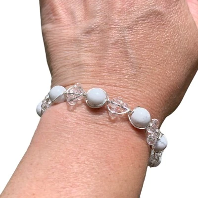Howlite & Quartz Bead Bangle Bracelet Handmade Sterling Silver Bestie Gift - Image 1 of 4
