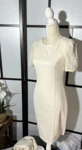 Sz 2 DKNY Lace Short Puff sleeve Off White dress Knee Length Solid NWT$178 - Picture 1 of 4