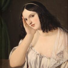 Antikes Porträt jungen Dame Gemälde 19. Jahrhundert Frau Bild öl auf Leinwand