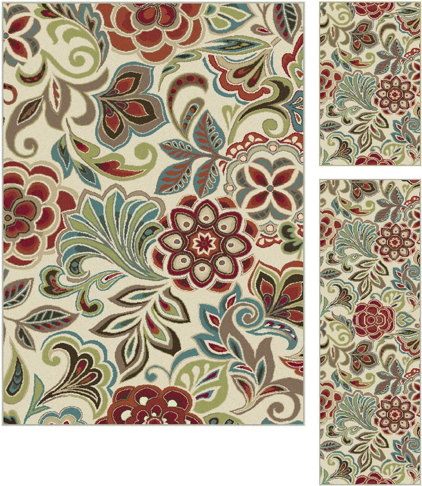3 Piece Set Deco Ivory Transitional Flowers Paisley DCO1025 Runner Mat Area Rug - Image 1 of 2