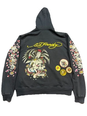 Y2K 复古罕见 Ed Hardy 刺绣布贴樱花头骨拉链夹克 — 第 1/4 张图片
