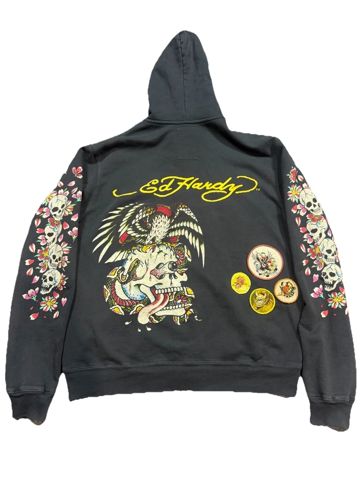 Y2K винтажный редкий Ed Hardy вышитая нашивка вишневый цветок череп молнии куртка - Изображение 1 из 4
