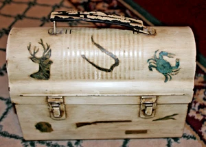 Vintage Lib Brown Lunch Box Metal Hunting Fishing Scenes Unusual Lunchbox - Picture 1 of 12