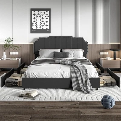 Full Size Platform Storage Bed with 4 Drawers & Adjustable Headboard, Light - Image 1 of 4