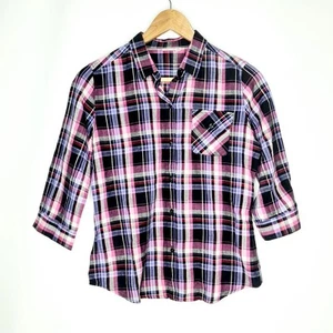 UniQlo Size M Pink Purple Check 3/4 Sleeve Collared Button Up Lightweight Shirt - Picture 1 of 11