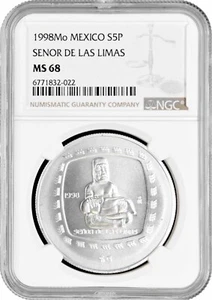 Mexico 5 pesos 1998, NGC MS68, "Olmec - Senor De Las Limas" silver coin - Picture 1 of 2