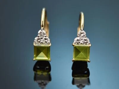 WUNDERVOLLE OHRRINGE MIT PERIDOT UND BRILLANTEN GEARBEITET AUS GELB GOLD 750 - Bild 1 von 4