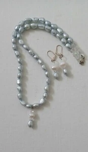 Artisan Studio Handmade Cultured Blue Pearl White Crystal Necklace Earrings Set - Picture 1 of 5