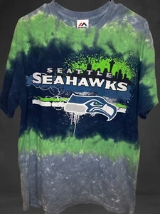 VTG Seattle Seahawks Tie-Dye T-Shirt Majestic Delta Size L Blue Green Y2K Look - Picture 1 of 5