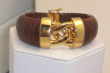 Authentic LOEWE Cuff Bangle Bracelet Brown Leather Gold tone