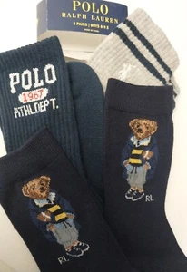 Big Boys Size 8-9.5 Ralph Lauren POLO FOOTBALL BEAR Crew Socks Shoe 13-3 , 3 Pr. - Picture 1 of 5