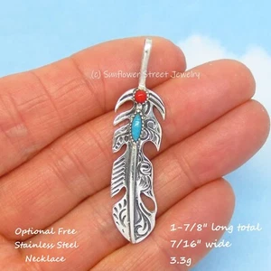 Turquoise Coral Feather Pendant 925 Sterling Silver 140827 - Picture 1 of 8