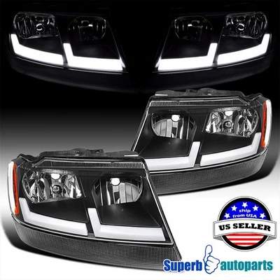 Fit 1999-2004 Jeep Grand Cherokee LED Tube Black Headlights Headlamps Left+Right Foto 1 de 4