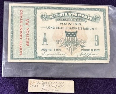 Xth OLYMPIAD LOS ANGELES 1932 Rowing Long Beach Marine Stadium Used Ticket - Image 1 of 3