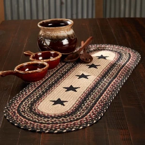 Primitive Colonial Star Table Runner, Tan Black Red, Jute Blend, Oval, 13x36 ... - Picture 1 of 5