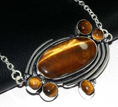 Collar de piedras preciosas enchapadas en plata 925 ojo de tigre más hermoso 17" JW Foto 1 de 3