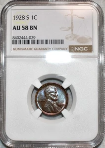 NGC AU-58 BN 1928-S Lincoln Cent, Attractively Toned & Highly Lustrous, PQ. - Picture 1 of 2