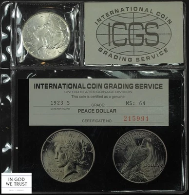 1923 S Peace Silver Dollar $1 Old Photo Grading Certificate ICGS MS 64 - Image 1 of 4