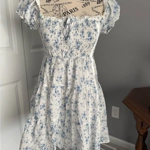 Garage Princess Size Small White and Blue Smocked Midi Sundress Ruffled Sleeves - Picture 1 of 7