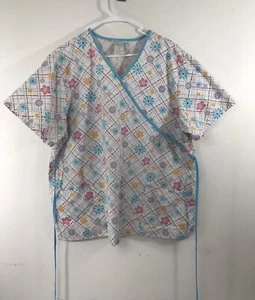 SB Scrubs 2XL Mock Faux Wrap Tie Back Side Slits Contrast Trim Floral 2 Pocket - Picture 1 of 8