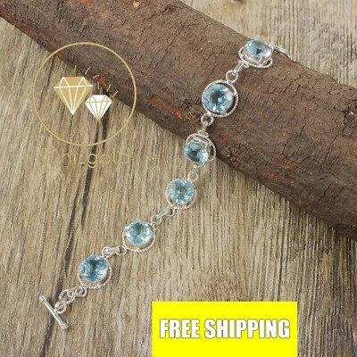 Deli1cate 14K White Gold Plated 6CT Simulated Aquamarine Tennis Bracelet 7.5 '' - Image 1 of 4