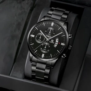 Shaarms Herren Luxus schwarze Uhr mit schwarzem Zifferblatt mit 8 1/2" Band - Bild 1 von 3
