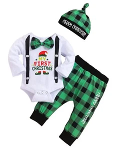 My First Christmas Baby Boy Outfit Newborn Bowtie Romper Bodysuit Green Plaid... - Picture 1 of 8
