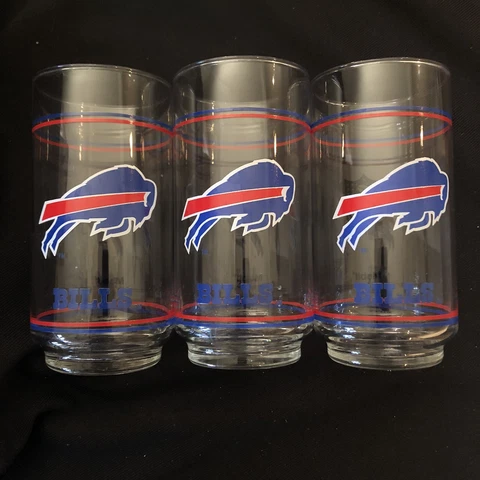 Buffalo Bills 12 oz Vintage Mobil Gasoline Glasses set of 3 MINT Cover