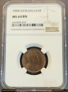 1904 CEYLON 1 CENT EDWARD VII NGC MS 64 BN HIGH GRADE BEAUTIFUL COIN - Picture 1 of 3