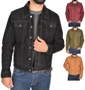 Mens Soft Suede Trucker Jacket Fitted Biker Denim Style Black Burgundy Olive Tan - Picture 1 of 39