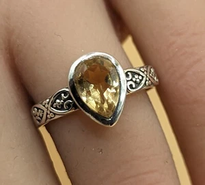 New 925 Sterling Silver Natural Pear Cut Citrine Gemstone Embossed Band Ring R.5 - Picture 1 of 8
