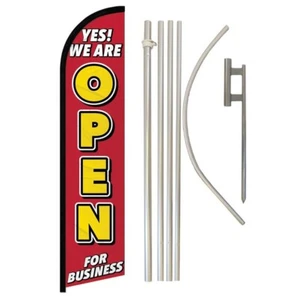 Yes! We Are Open Windless Full Curve Advertising Open Banner Flag & Pole Kit - Picture 1 of 9