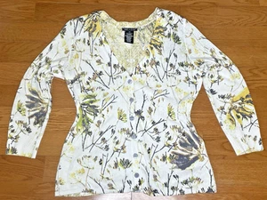 Nic + Zoe Medium Yellow Floral 3/4 Sleeves Button Lightweight Cardigan Sweater - Picture 1 of 9