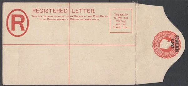 GIBRALTAR QV 20c SOBRE REGISTRADO PAPELERÍA POSTAL SIN USAR (ID:357/D63765) Foto 1 de 1