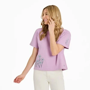 Women's Vintage Daisy Garden Short Sleeve Crusher Boxy Tee, Violet Purple - Picture 1 of 4