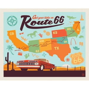 Route 66 Get Your Kicks On Route 66 Panel Cotton Fabric - Picture 1 of 2