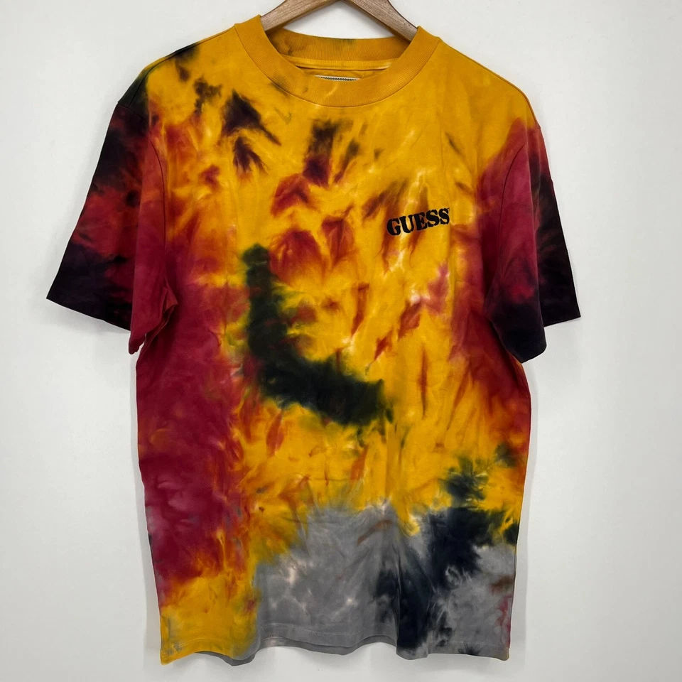 Guess Originals T-Shirt Men's S Yellow Tie-Dye Crew Neck Logo Double Sided Y2K - Image 1 of 4