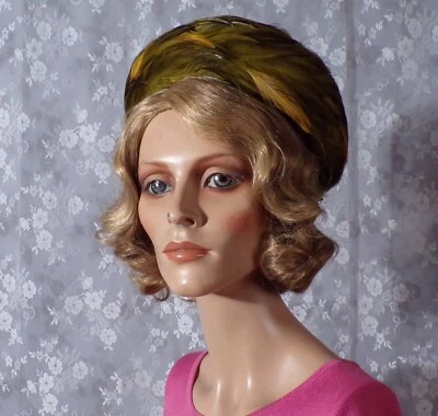 Винтажный 60-х перо шляпа 1960-х ретро зеленый большого размера Pillbox Mod Mad мужчин коктейль - Изображение 1 из 4