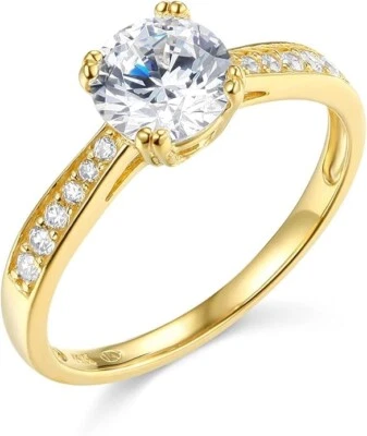 Anillo de promesa de boda de oro amarillo real de 14 quilates con diamantes creados de corte redondo de 2 quilates  Foto 1 de 3
