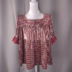 POL Top Womens Large Rose Pink Velvet Sequin Babydoll Knit Boho Fairycore Whimsy - Picture 1 of 9