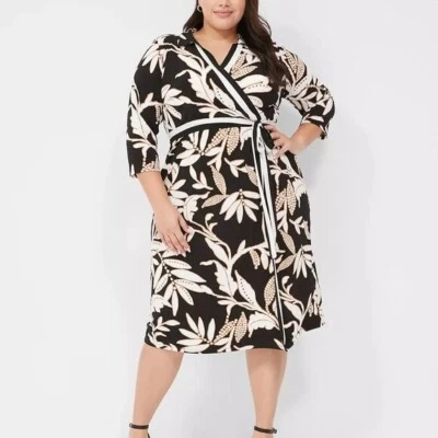 NWT LANE BRYANT Floral 3/4 Sleeve Collar Faux Wrap Jersey Midi Dress Size 22/24 - Image 1 of 4